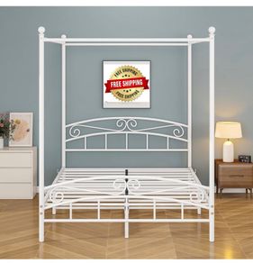 Canopy Bed Frame King Size with Ornate European Style Headboard & Footboard
