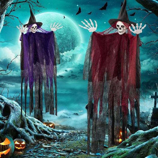 2 Pack Halloween Hanging Grim Reapers, 41inch Halloween Hanging Skeleton Ghost Halloween Flying Ghost Scary Halloween Hanging Decorations for Haunted House Props Decor purple and red