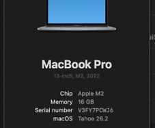 MacBook Pro 13-inch (2022), Apple M2, 16GB, 512GB SSD