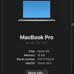MacBook Pro 13-inch (2022), Apple M2, 16GB, 512GB SSD