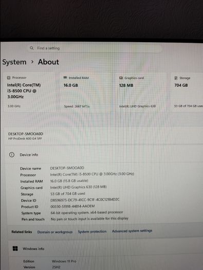 HP ProDesk 600 G4 SFF (i5 8th Gen) and power cable