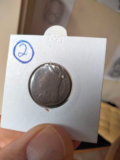 1689 July 6P Gunmoney No Stops on Obverse