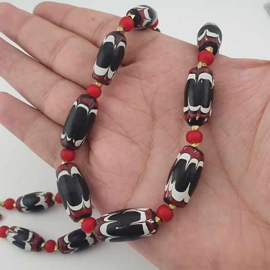 Antique Venetian Style Black Trade & Red Venetian Whiteheart Glass Beads Necklace