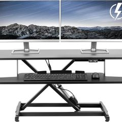 107cm Electric Motor Desk Converter Height Adjustable Riser Sit to Stand Dual Monitor and Laptop Workstation with Wide Keyboard Tray Black DESK-VE42B