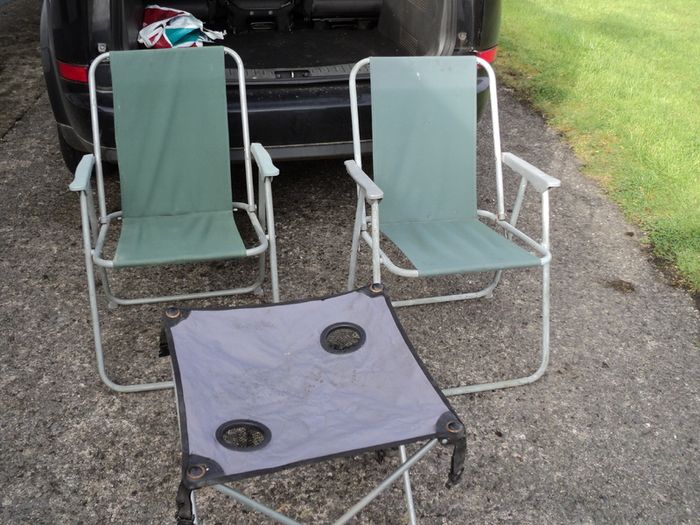 Deck chairs and folding table .