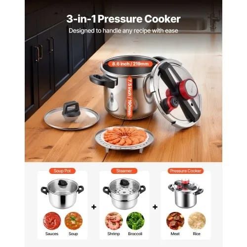 Pressure Cooker, 7L Pressure Cooker Stainless Steel, Pressures Canner with Steaming Rack, Tempered Glass Lid, Three Pressures Settings for Meat, Beans, Rice, Soup, Sauces, Cook up to 100 kPa