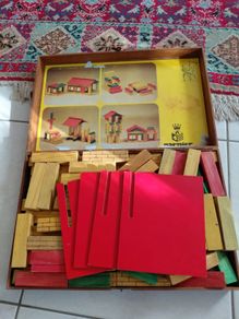 Vintage box of wooden blocks to make buildings