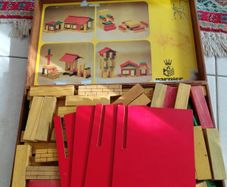 Vintage box of wooden blocks to make buildings