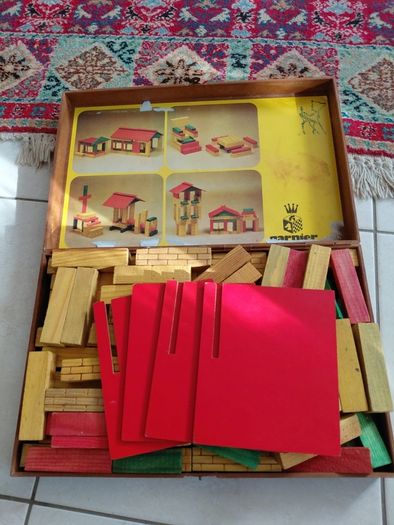 Vintage box of wooden blocks to make buildings