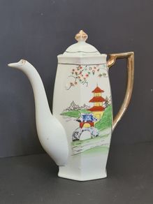Vintage Klimax Japanese Porcelain Coffee Pot Octagonal Hand Painted 1950s