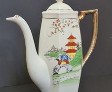 Vintage Klimax Japanese Porcelain Coffee Pot Octagonal Hand Painted 1950s