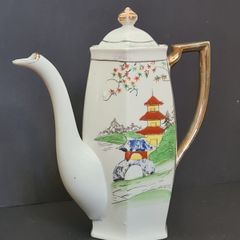 Vintage Klimax Japanese Porcelain Coffee Pot Octagonal Hand Painted 1950s
