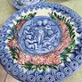 Vintage French Majolica Putti pottery plate, Barbotine, cherubs, musical, musicians, angles, pre loved, hanging, glass glazed, floral, round. --large plate  40.00 euro 27CM. diamter. -- small one 20.00 euro each . 14.5 CM. diamter    all set of 4 for  90. Image 10