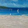 original impasto oil painting on canvas depicts a sunny coastal beach scene with sailboats on the water and a headland in the background Image 3