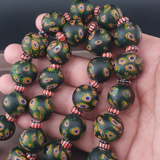 Antique Venetian Style Gabri Eyes & Chevron Glass Beads Necklace Strands