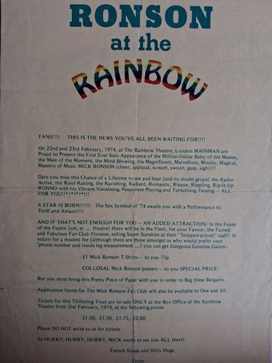 Mick Ronson Extremely rare fan pack Feb 1974 BOWIE