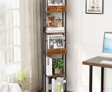5-Tier Rotating Bookshelf, Corner Bookshelves Tower, Floor Standing Tall Industrial Bookshelf, Narrow Rustic Metal Book Shelf for Living Room, Home Office, and Small Spaces Black&Brown