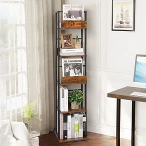 5-Tier Rotating Bookshelf, Corner Bookshelves Tower, Floor Standing Tall Industrial Bookshelf, Narrow Rustic Metal Book Shelf for Living Room, Home Office, and Small Spaces Black&Brown