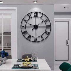 Large Wall Clock Round Metal Nearly Silent Little ticking Battery Operated 24 Inhes Black Roman Numerals Clocks for Living Room,Bedroom,Kitchen Decor - 60CM