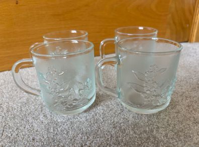 Set of 4 Vintage Clear Glass Floral Mugs
