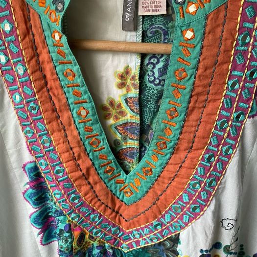 ANU by Natural Boho Tunic Dress Multicolor Paisley Floral Print with Mirror Work & Embroidery Large