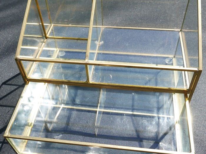 Vintage Gold clear glass large storage jewelers makeup box 7,2" x 4,4" H-3"