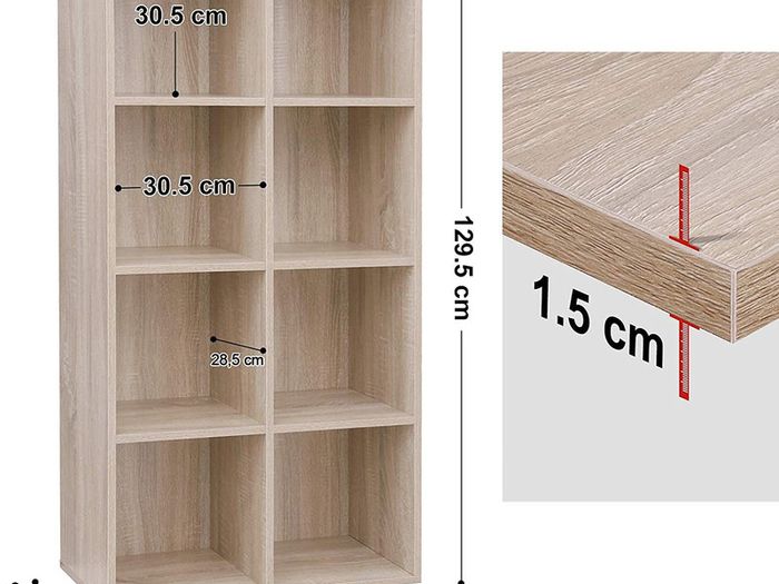 _Wooden Bookcase, 4 Tier Shelf, 8 Compartments, Wardrobe, Closet, Home, Office, Light Oak Colour