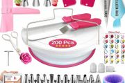 200 PCs Cake Decorating Kit with Cake Turntable- Cake Leveler- 55 Numbered Piping Tips &amp; Nozzles with Pattern Chart &amp; E-Book
