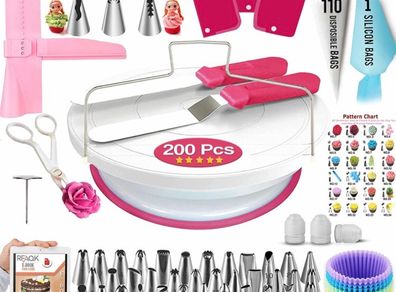 200 PCs Cake Decorating Kit with Cake Turntable- Cake Leveler- 55 Numbered Piping Tips & Nozzles with Pattern Chart & E-Book