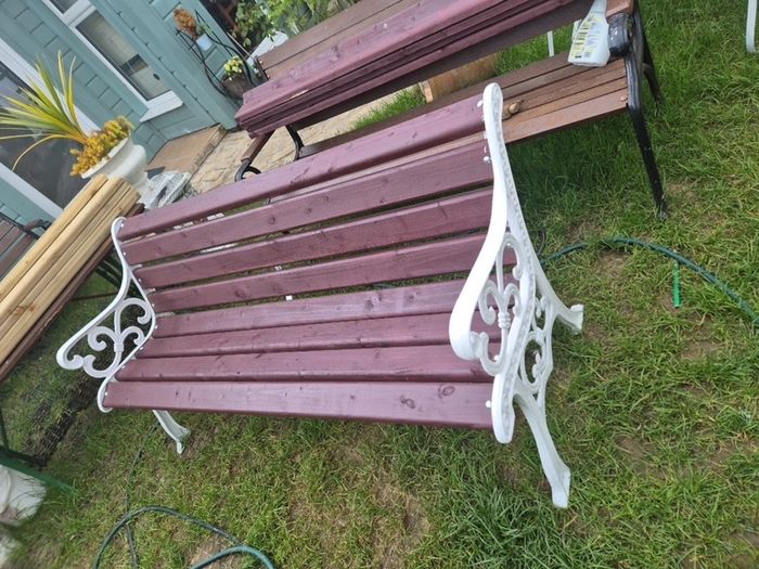 Garden Bench Cast iron fully restored seat outside outdoor garden sitting treated timber decorations, furniture patio  decking, home house cottage ignore flowers pots plants, garden statue chair  swing patio heater bbq hammock sun  farm shop gift