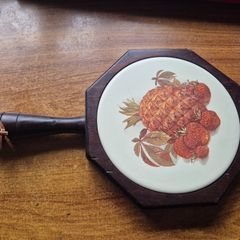 Vintage Wood & Ceramic Tile Trivet Wall Hanging Pineapple and Strawberries.