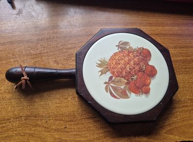 Vintage Wood & Ceramic Tile Trivet Wall Hanging Pineapple and Strawberries.