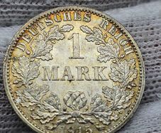 Germany Silver 1915 1 Mark Beautiful Uncirculated Swirling Lustre Toned