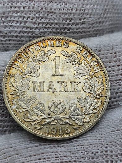 Germany Silver 1915 1 Mark Beautiful Uncirculated Swirling Lustre Toned