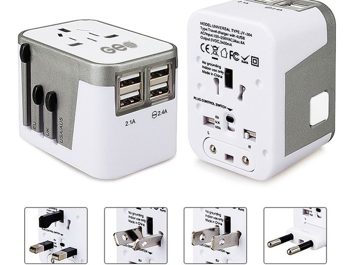 New GEO Smart Travel Adapter with 4 USB Charging Ports, All-In-One Universal Plug / Safe Wall Charger with USB Surge Protection - 1 YEAR GUARANTEE