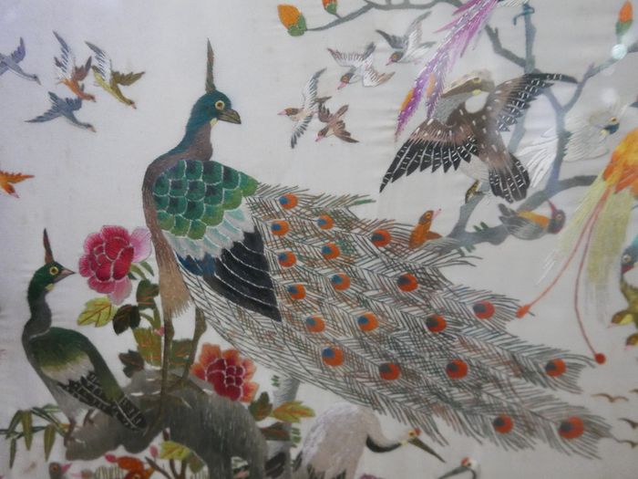 Antique Early 20c Chinese Silk Embroidery Birds Panel Framed - 23"x14"