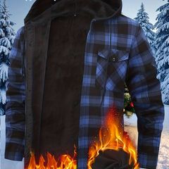 Men's Thickened Fleece-Lined Hooded Plaid Warm Shirt Jacket