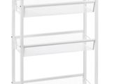 4-Tier Slim Storage Cart, Kitchen Storage Wagon, Rolling Kitchen Shelving Unit on Wheels Mobile Slit Cart with Wooden Tabletop for Bathroom, Laundry Narrow Places