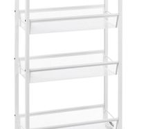 4-Tier Slim Storage Cart, Kitchen Storage Wagon, Rolling Kitchen Shelving Unit on Wheels Mobile Slit Cart with Wooden Tabletop for Bathroom, Laundry Narrow Places