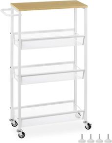 4-Tier Slim Storage Cart, Kitchen Storage Wagon, Rolling Kitchen Shelving Unit on Wheels Mobile Slit Cart with Wooden Tabletop for Bathroom, Laundry Narrow Places