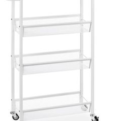 4-Tier Slim Storage Cart, Kitchen Storage Wagon, Rolling Kitchen Shelving Unit on Wheels Mobile Slit Cart with Wooden Tabletop for Bathroom, Laundry Narrow Places