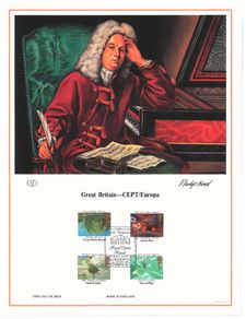 1985 Great Britain Limited Edition Lithographed Print measuring 333mm X 257mm showing EUROPA Stamps - European Music Year Commemorative stamps with First Day of Issue Cancel