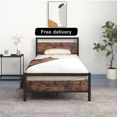Metal Platform Bed Frame 3 FT Single with Wooden Headboard