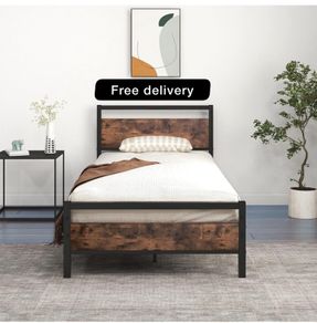 Metal Platform Bed Frame 3 FT Single with Wooden Headboard
