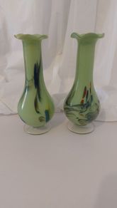 Fabulous Pair of Mid Century Matching Mouth-Blown Glass Vases In Lime Green with Swirls, Unknown Maker, Possibly Italian/Murano, Japanese or Chinese, Circa 1950