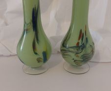 Fabulous Pair of Mid Century Matching Mouth-Blown Glass Vases In Lime Green with Swirls, Unknown Maker, Possibly Italian/Murano, Japanese or Chinese, Circa 1950