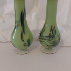 Fabulous Pair of Mid Century Matching Mouth-Blown Glass Vases In Lime Green with Swirls, Unknown Maker, Possibly Italian/Murano, Japanese or Chinese, Circa 1950