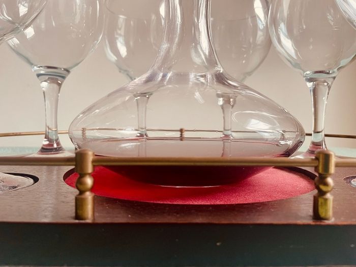 Vintage Wine Decanter Set 6 Large Goblets Brass Gallery Wood Tray