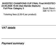 4 x EPCR Champions Cup Tickets
