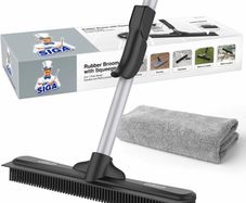 Pet Hair Removal Rubber Broom with Built in Squeegee, 2 in 1 Floor Brush for Carpet, 61 inch Adjustable Handle, includes One Microfiber Cloth